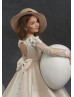 Long Sleeves Beaded Lace Satin Keyhole Back Flower Girl Dress